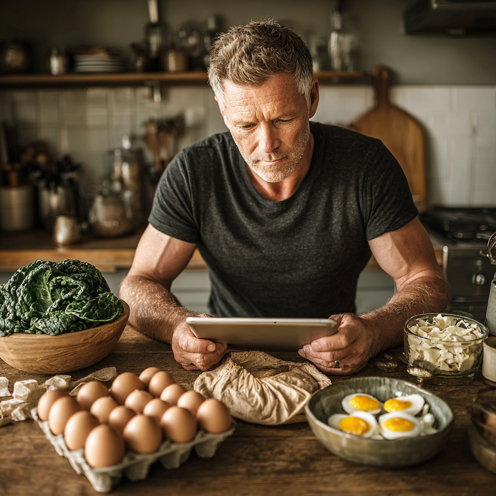 Чоловік 58 років на кухні дивиться на планшет з планом харчування lansophed, на столі розкладені свіжі продукти для приготування здорової їжі