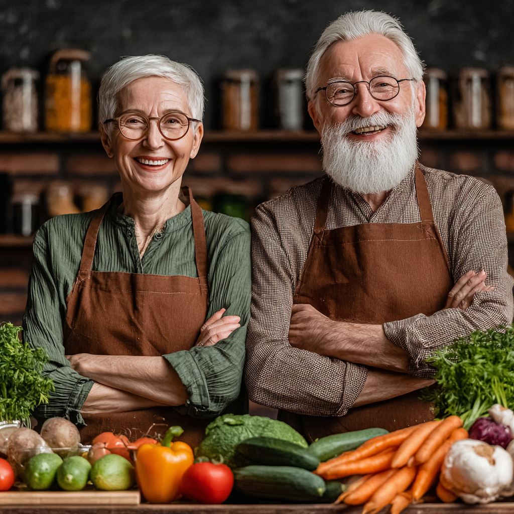 Пара 52 та 55 років готує разом здорову їжу за рецептами lansophed, усміхаються та насолоджуються процесом приготування