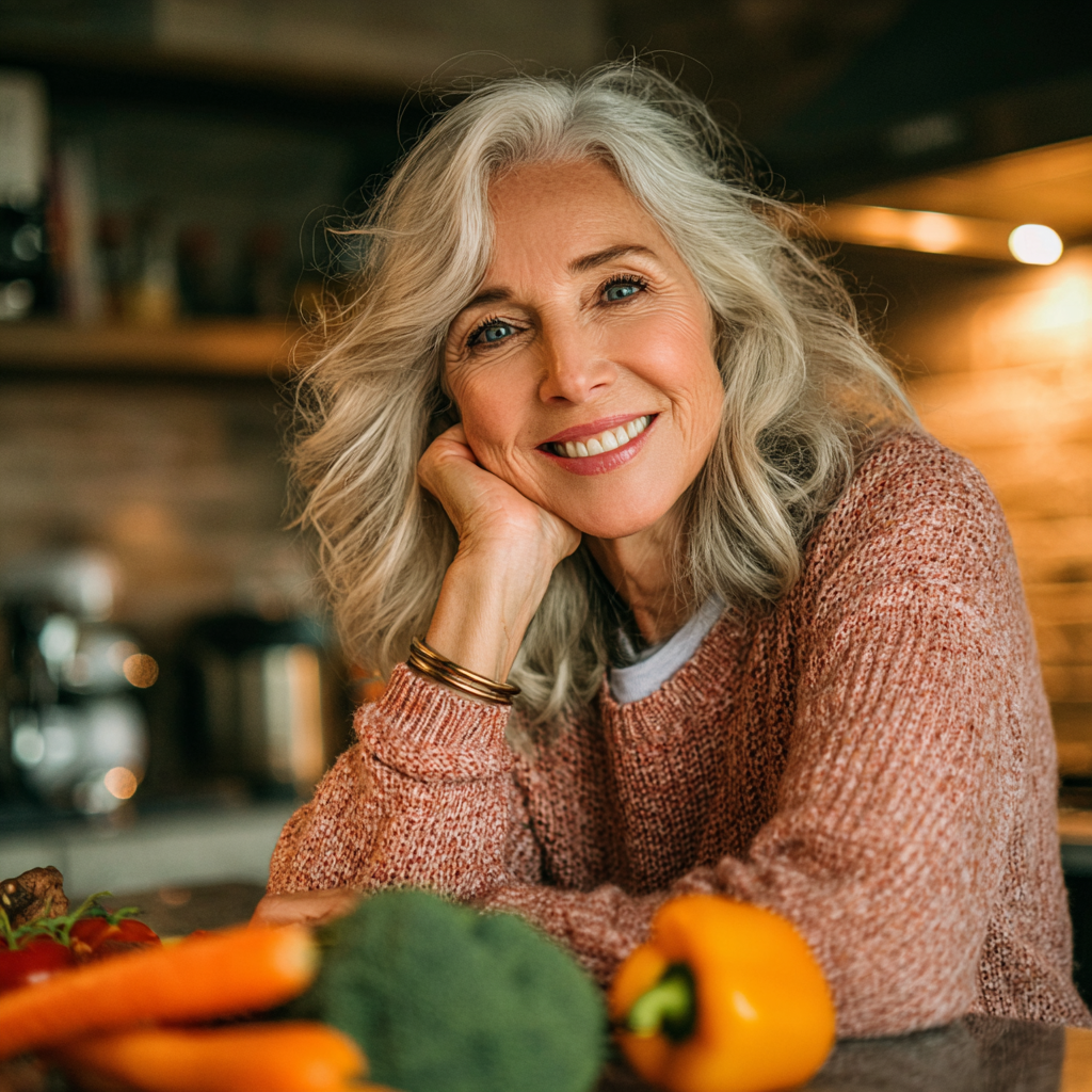 Жінка 55 років готує здорову їжу на кухні, усміхається та тримає в руках свіжі овочі
